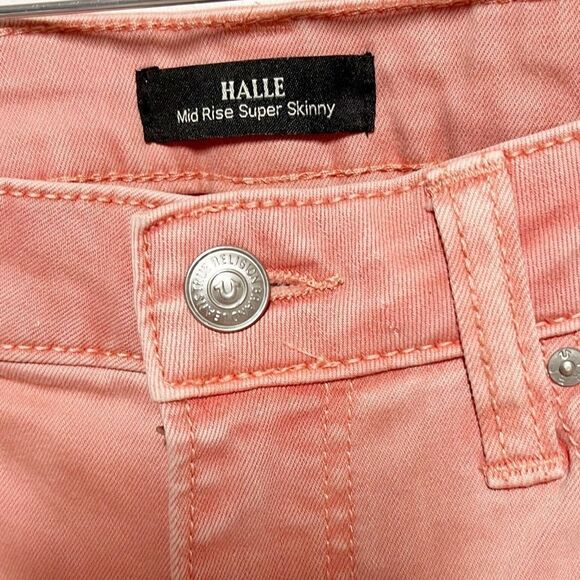 NWT TRUE RELIGION HALLE MID RISE SUPER SKINNY JEANS PINK PALOMA RIPPED Sz 27 - Picture 7 of 9
